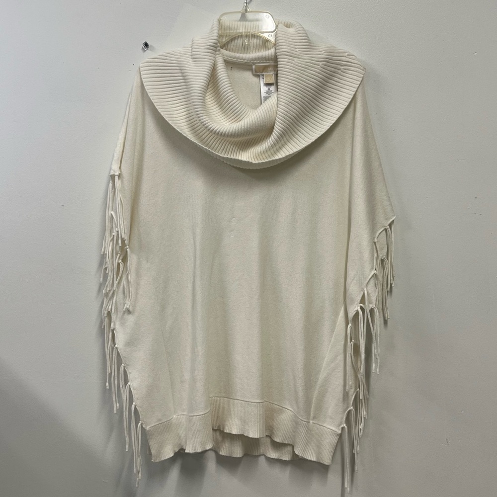 Michael Kors Knit Cream Fringe Cowl Neck Poncho Pullover Sweater Top Large